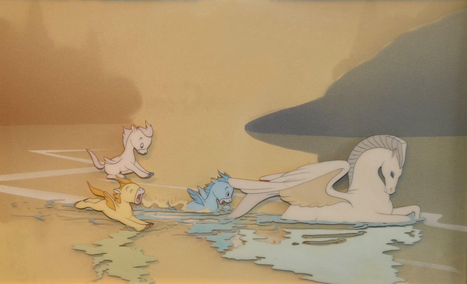 Pegasus family from Fantasia, 1940 original production cel, production background.