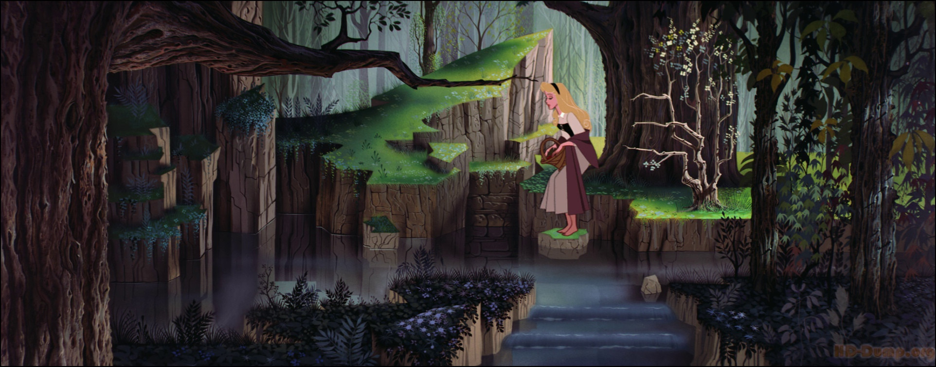 Briar Rose production cel, production background by Eyvind Earle