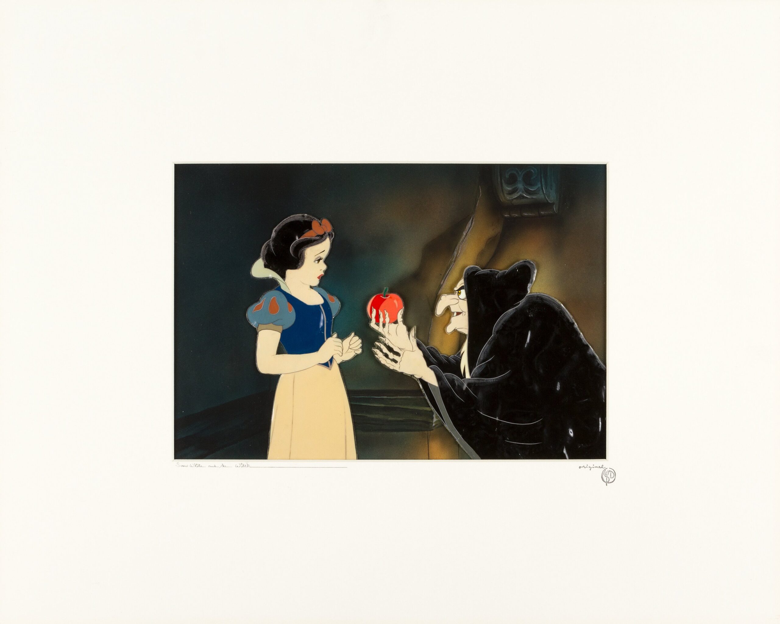 Snow White and the Witch from Snow White and the Seven Dwarfs, 1937 original production cel, Courvoisier background.