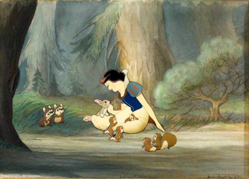 Snow White and forest animals from Snow White and the Seven Dwarfs, 1937 original production cel, production background.