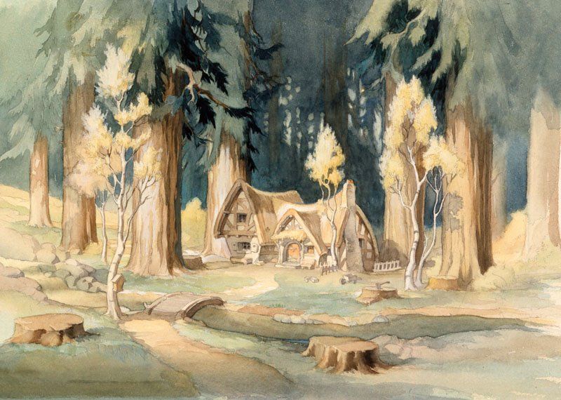 Dwarfs Cottage original watercolor production background from Snow White and the Seven Dwarfs, 1937.