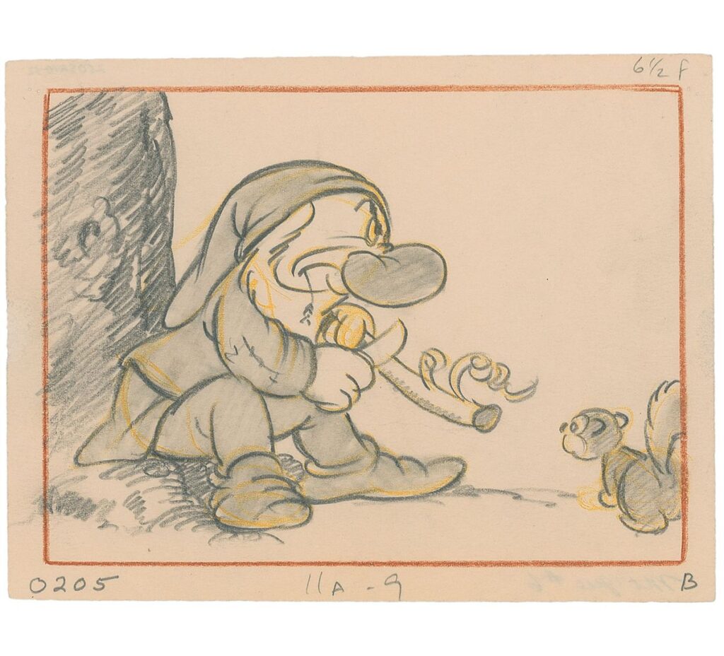 Grumpy from Snow White and the Seven Dwarfs, 1937 original storyboard drawing.