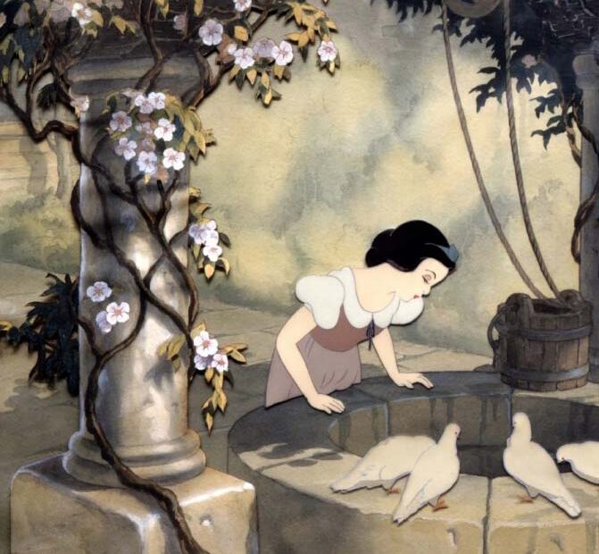 Snow White at the wishing well from Snow White and the Seven Dwarfs, 1937 original production cel, production background.