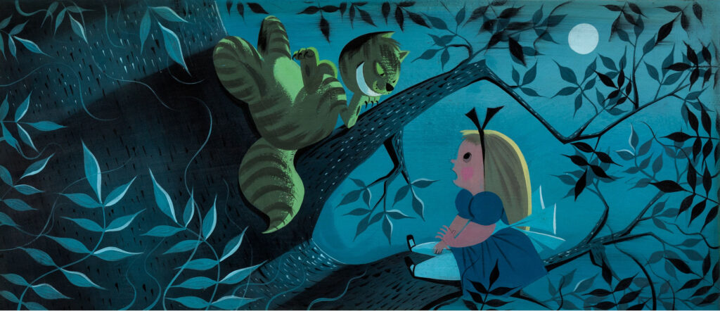 Alice and the Cheshire Cat concept painting by Mary Blair