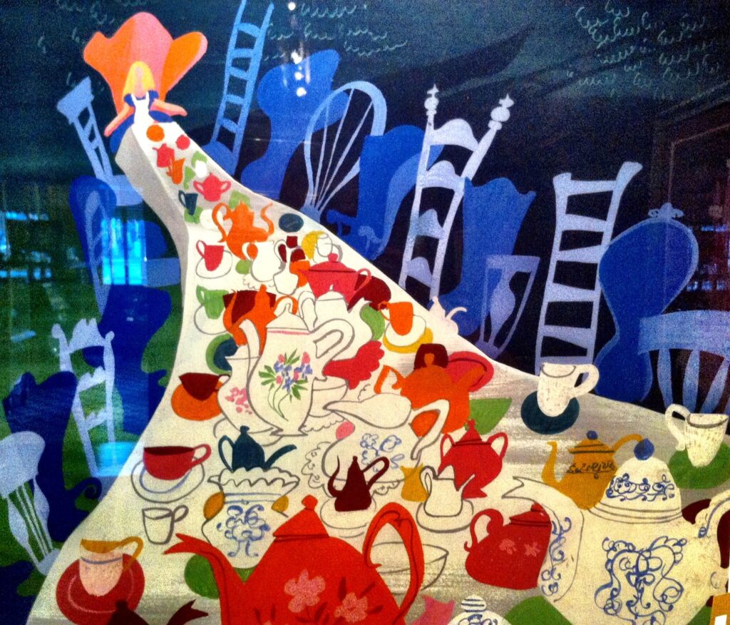 Alice at the tea party concept painting by Mary Blair