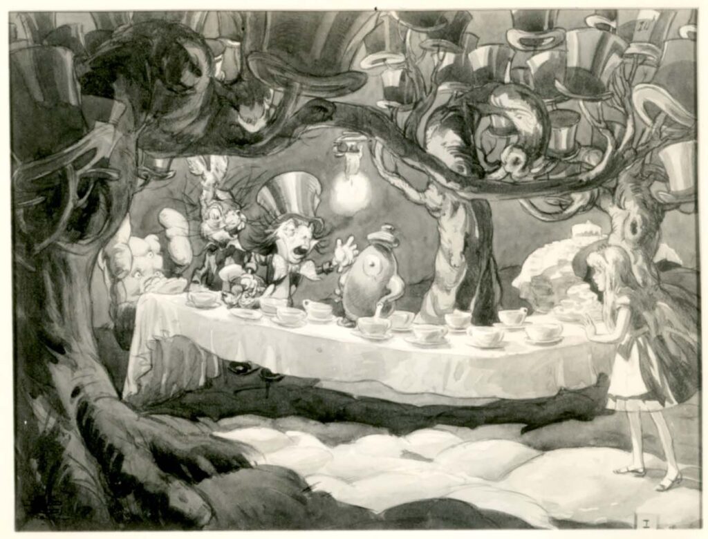 Alice, the Mad Hatter and the March Hare concept painting by David Hall