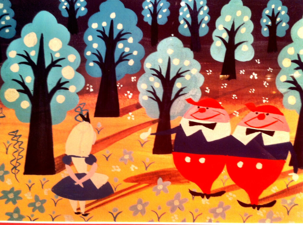 Alice, Tweedle Dee and Tweedle Dum concept painting by Mary Blair