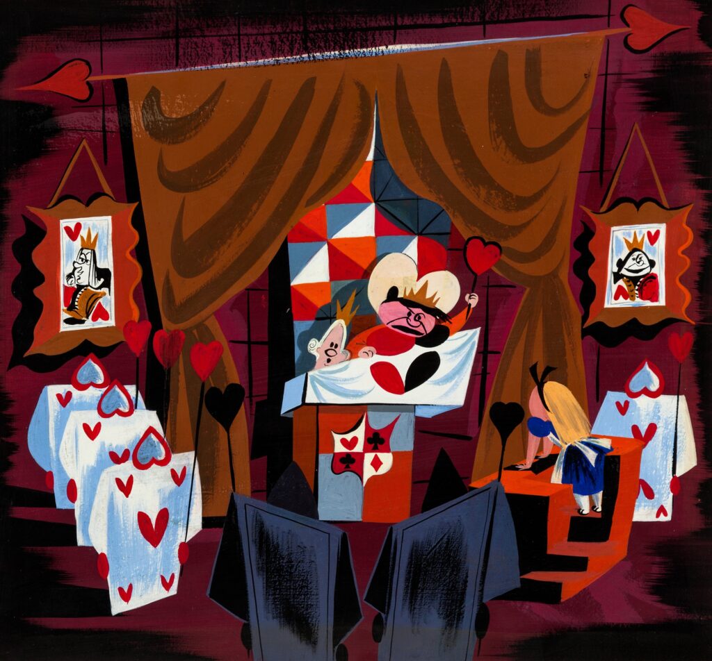 Alice, the Queen and King of Hearts concept painting by Mary Blair