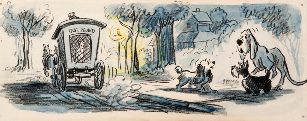 Lady and Tramp concept drawing by animator Joe Rinaldi