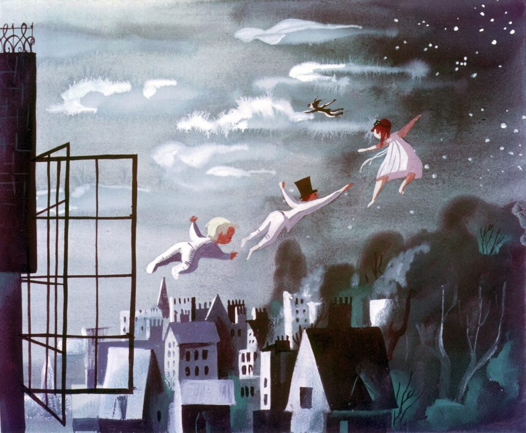 Peter Pan, Wendy John and Michael concept painting by Mary Blair