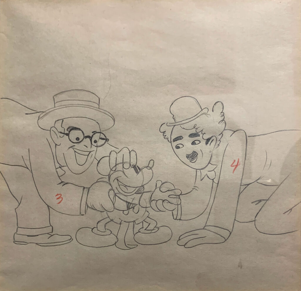 Mickey Mouse, Charlie Chaplin and Harold Lloyd original production drawing from “Mickey’s GalaPremier”, 1933