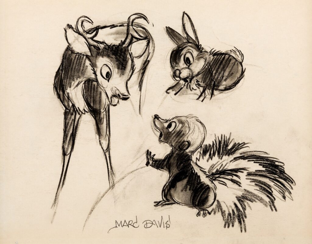 Bambi, Thumper and Flower character study drawing by Disney director Marc Davis