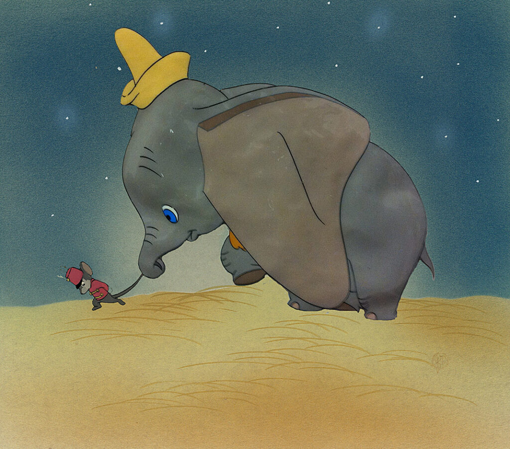 Dumbo and Timothy Mouse original production cel, Courvoisier background from Dumbo, 1941