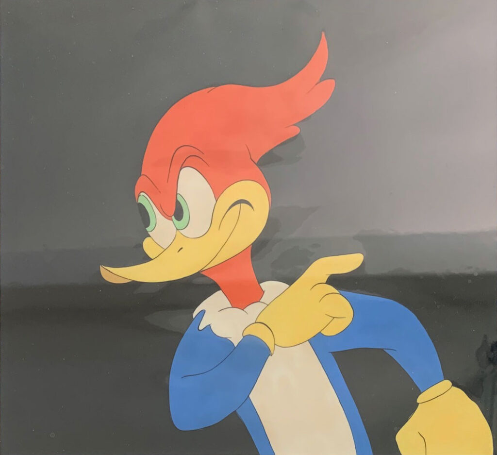 Woody Woodpecker (Green eyes and yellow gloves) original production cel circa late 1940’s, early 1950’s.