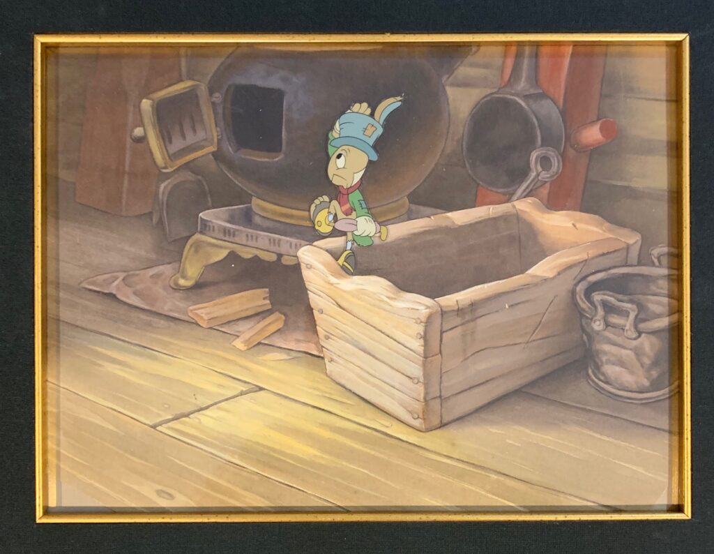 Jiminy Cricket original production cel, production background from Pinocchio, 1940