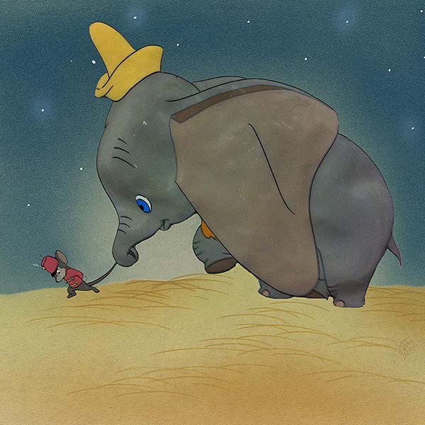 Dumbo and Timothy Mouse original production cel, Courvoisier background from Dumbo, 1941