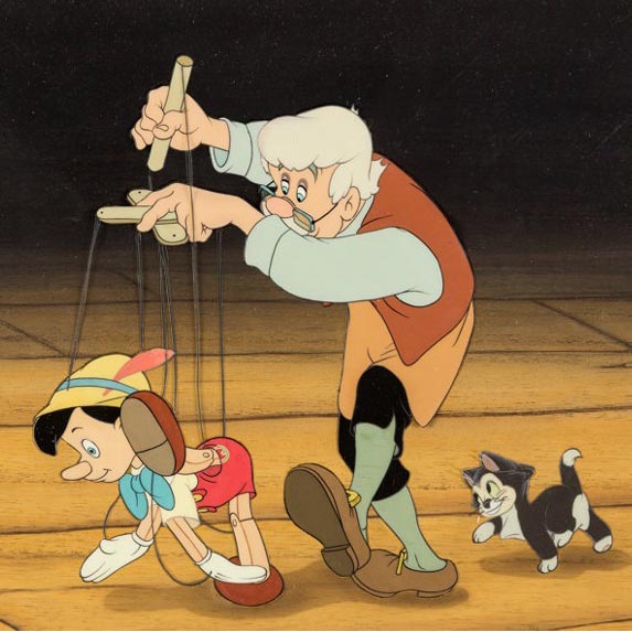 Pinocchio, Geppetto and Figaro from Pinocchio, 1940 original production cel, production background.