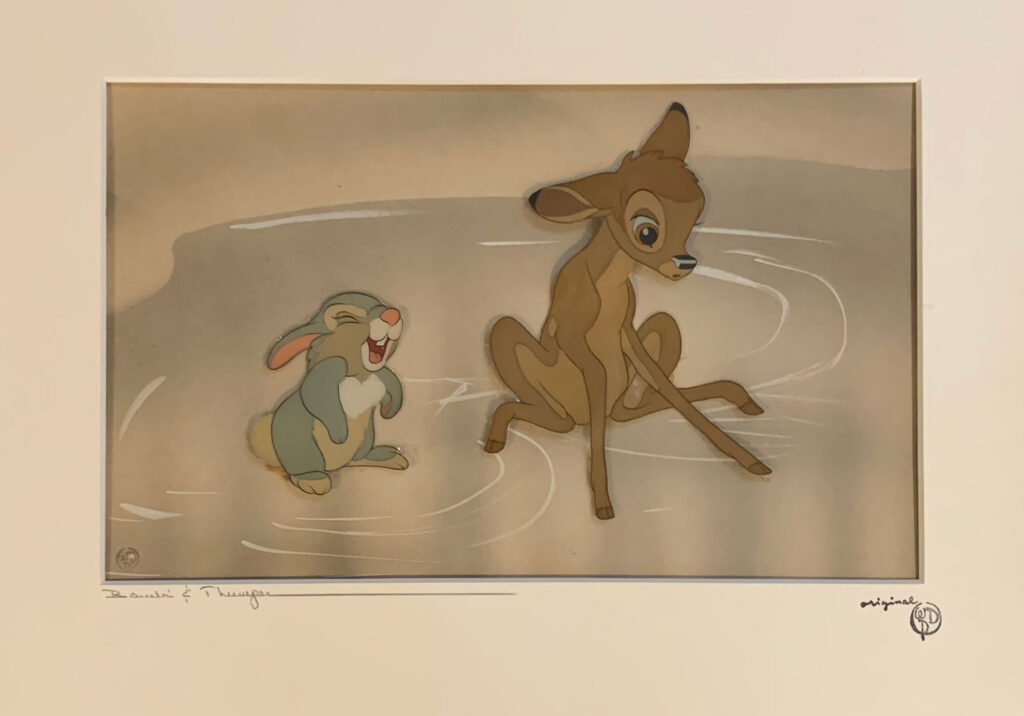 Bambi and Thumper original production cel from Bambi, 1942 on a Courvoisier background