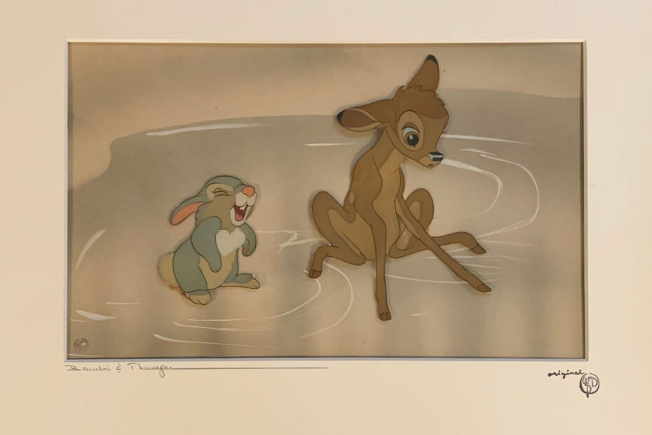 Bambi and Thumper original production cel from Bambi, 1942 on a Courvoisier background