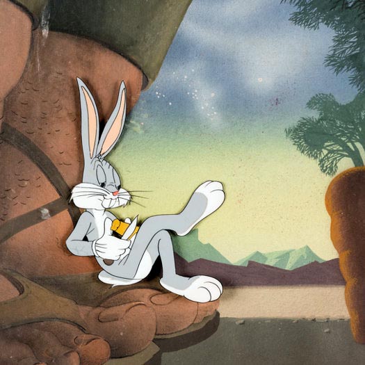 Bugs Bunny original production cel from “Buckaroo Bugs”, 1943 on an original production background from “Jack Wabbit and the beanstalk”, 1945