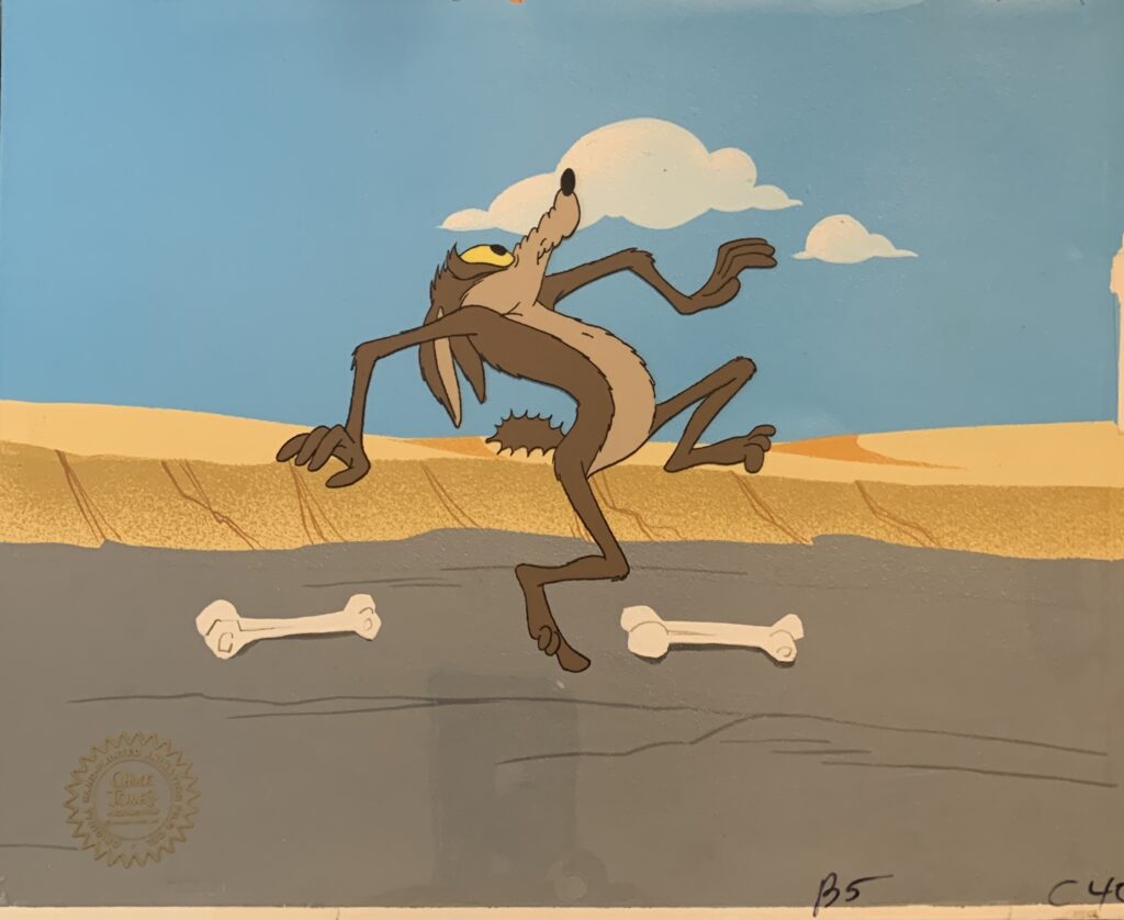 Wile E Coyote from Soup or Sonic, 1980 original production cel, production background $1550.00