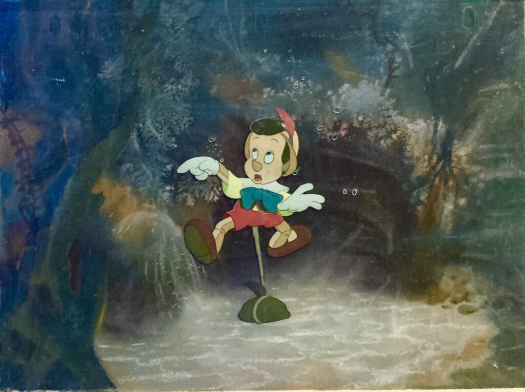 Pinocchio from Pinocchio, 1940, under water original production cel, preliminary production background $9975.00