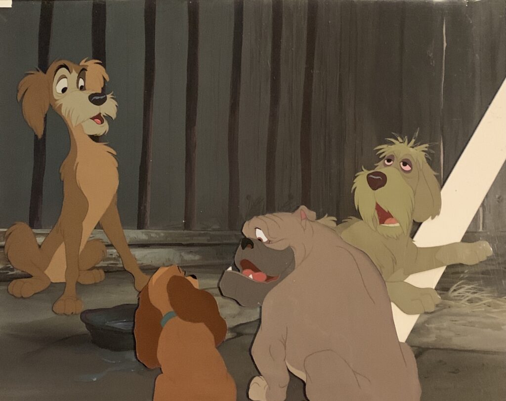 Lady and pound dogs from Lady and the Tramp, 1955 original production cel