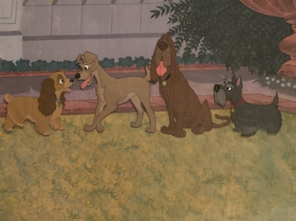 Lady Tramp Trusty and Jock from Lady and the Tramp, 1955 original color model cel $4975.00