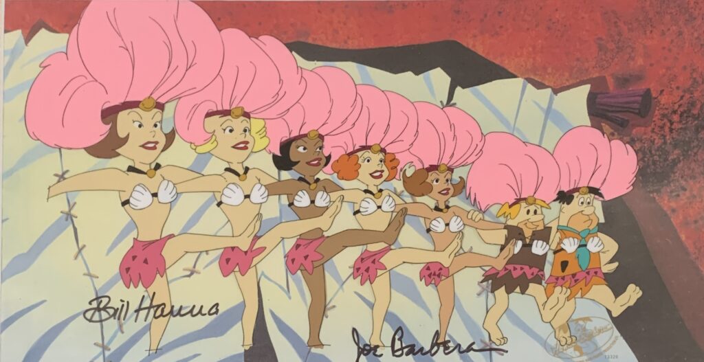 Fred Flintstone, Barney Rubble and the Rockettes from “Viva Rock Vegas”, 2000 original production cel signed by Hanna and Barbera. $1550.00