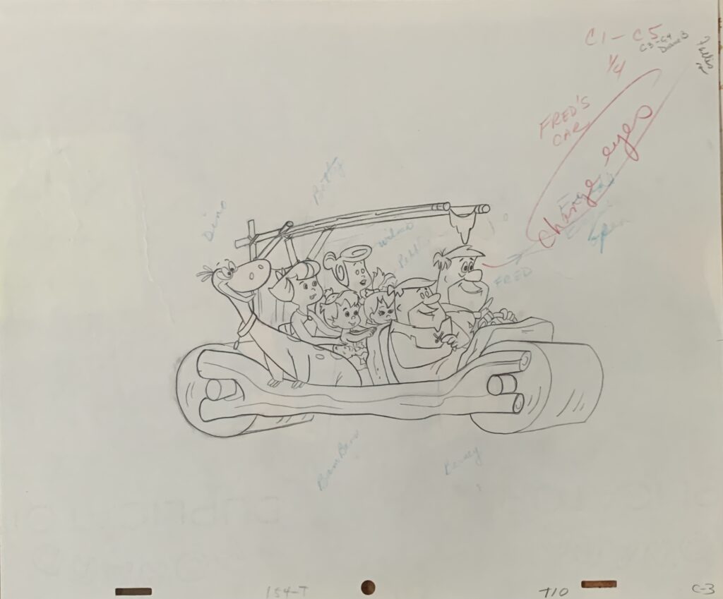 The Flintstones and Rubbles in Fred’s car original production drawing. $1250.00